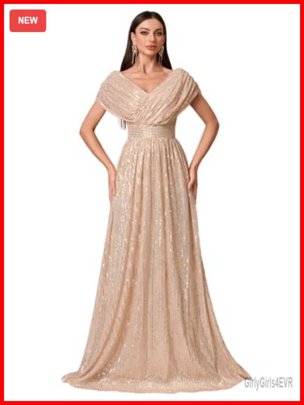 Sequin V-Neck Short Sleeve A-Line Evening Dress Formal Party Gown